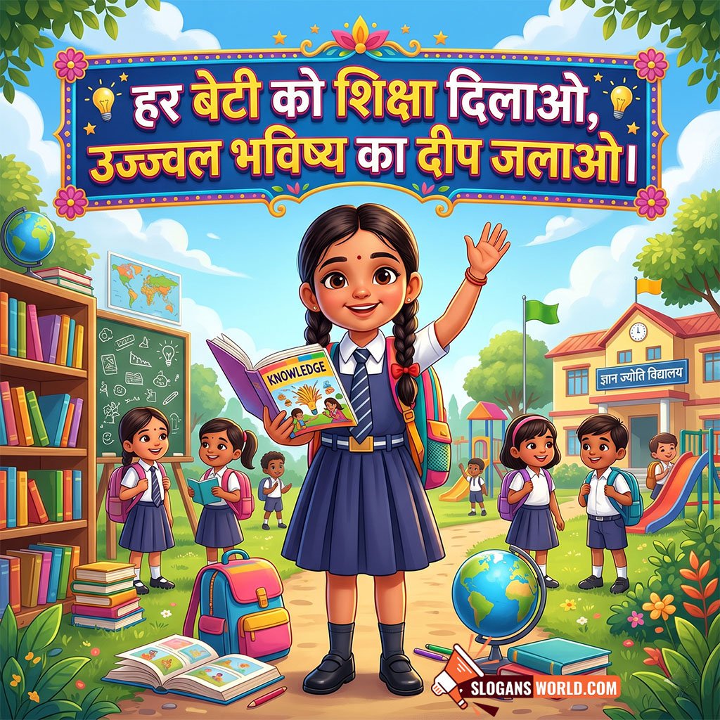 Hindi Women’s Education Slogan Image featuring a cheerful schoolgirl holding a book in a vibrant school campus with students and learning materials symbolizing the importance of educating every daughter for a brighter future.