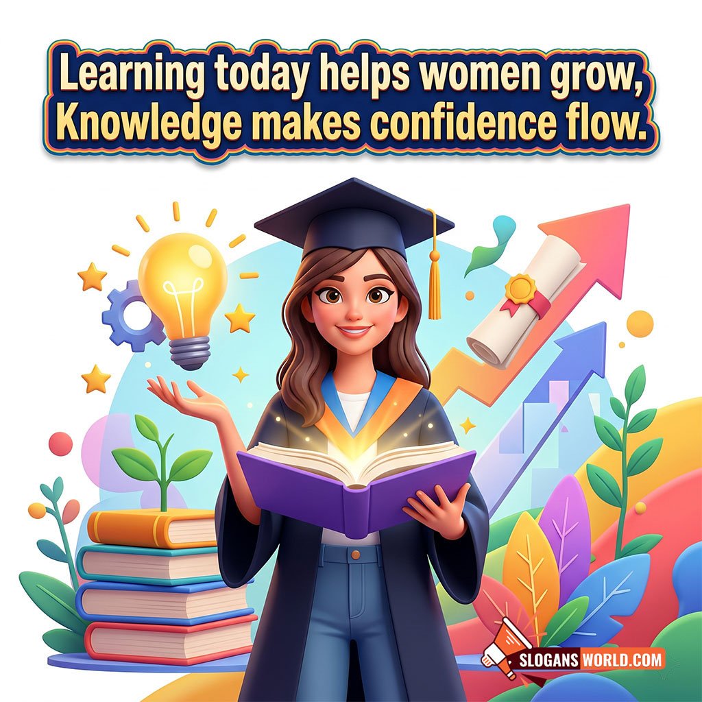 Inspirational Women’s Learning and Growth Slogan Image featuring a graduate reading a glowing book with symbols of learning and growth around her symbolizing confidence, knowledge, and personal development.