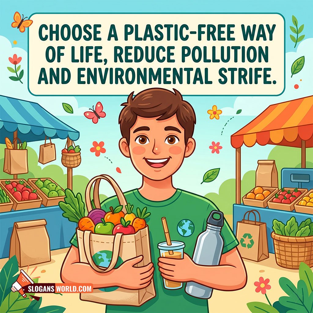 Plastic Free Environment Awareness Slogan Image featuring a student carrying reusable bags, bottle, and eco-friendly products in a market setting symbolizing sustainable lifestyle choices.