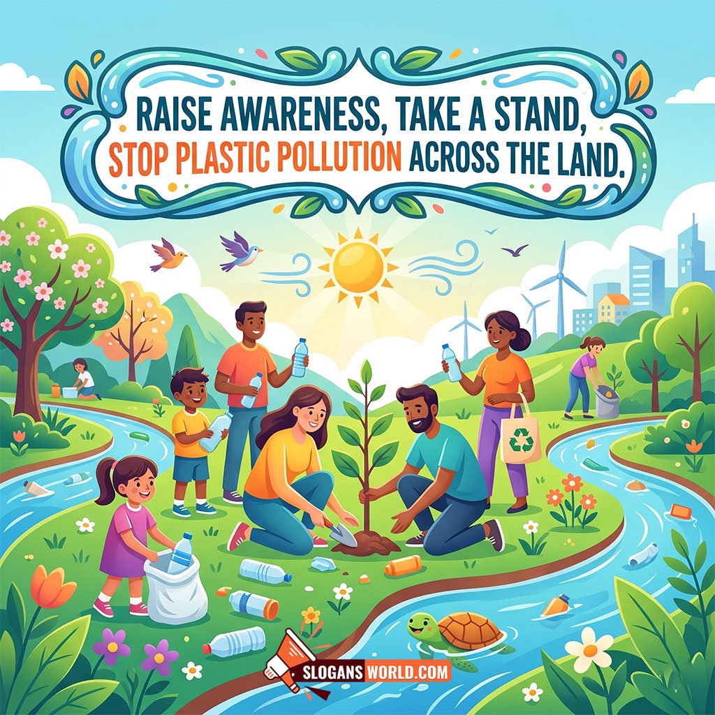 Plastic Pollution Campaign and Awareness Slogan Image featuring families planting trees, cleaning litter, and protecting waterways symbolizing community action against plastic pollution.