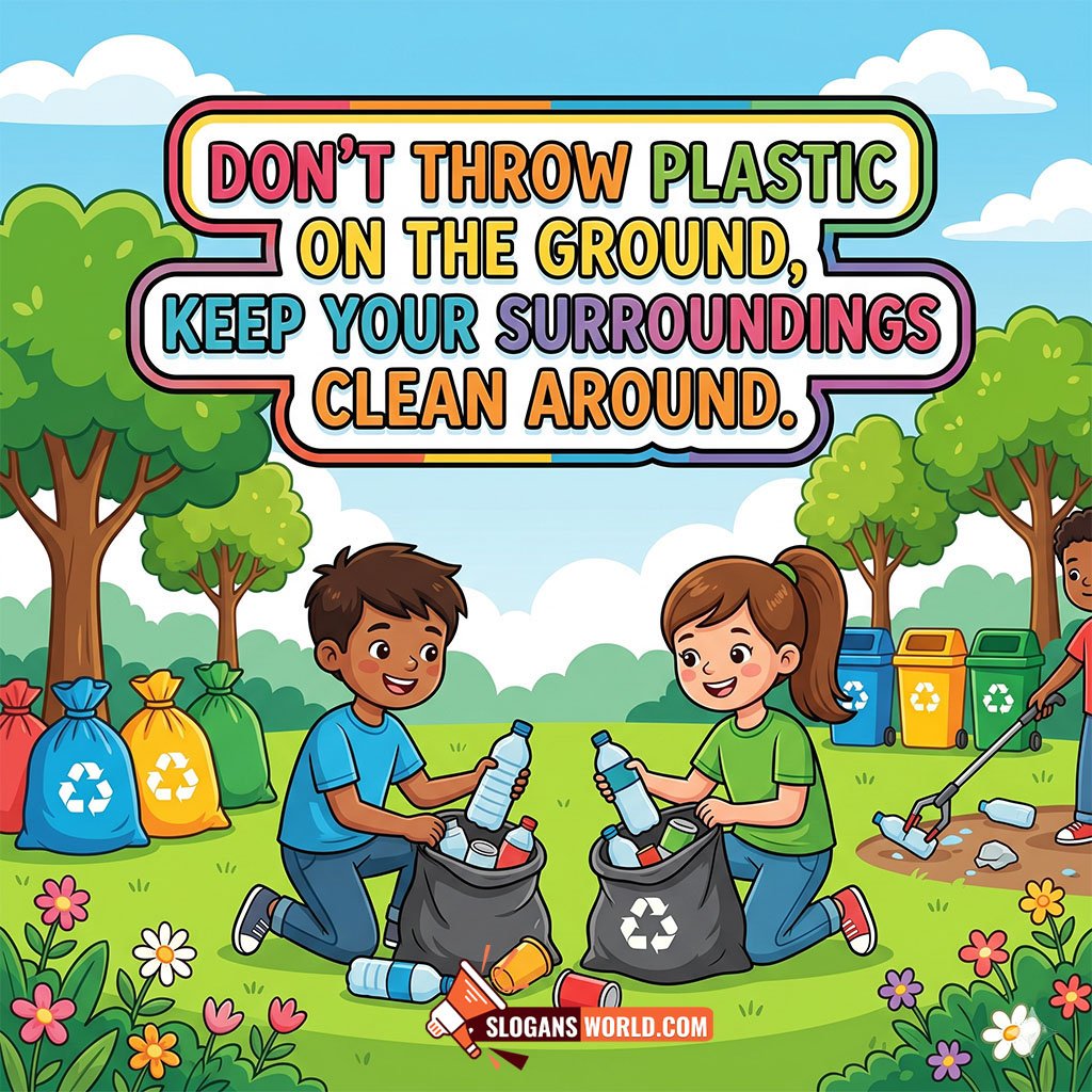 Plastic Pollution Slogan for Schools and Students Image featuring children collecting plastic waste and sorting recyclables in a park symbolizing cleanliness and environmental responsibility.