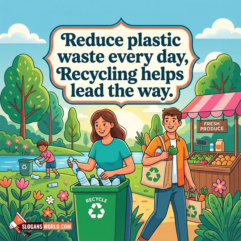 Plastic Waste Reduction and Recycling Slogan Image featuring people recycling plastic bottles and carrying reusable shopping bags in a clean community setting symbolizing waste reduction and recycling awareness.