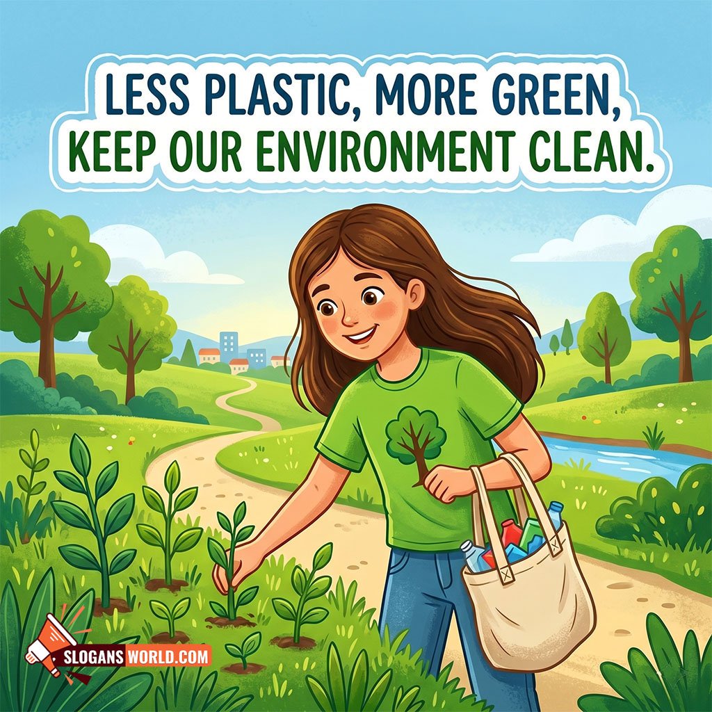 Short and Catchy Plastic Pollution Awareness Slogan Image featuring a young girl planting saplings while carrying a reusable bag in a green landscape symbolizing eco-friendly habits and environmental protection.