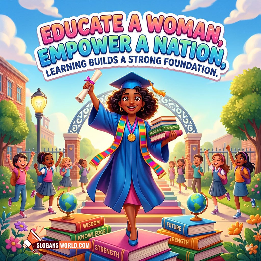 Short and Catchy Women’s Education Slogan Image featuring a young woman celebrating graduation with books, diploma, and students around her symbolizing the power of education and national progress.