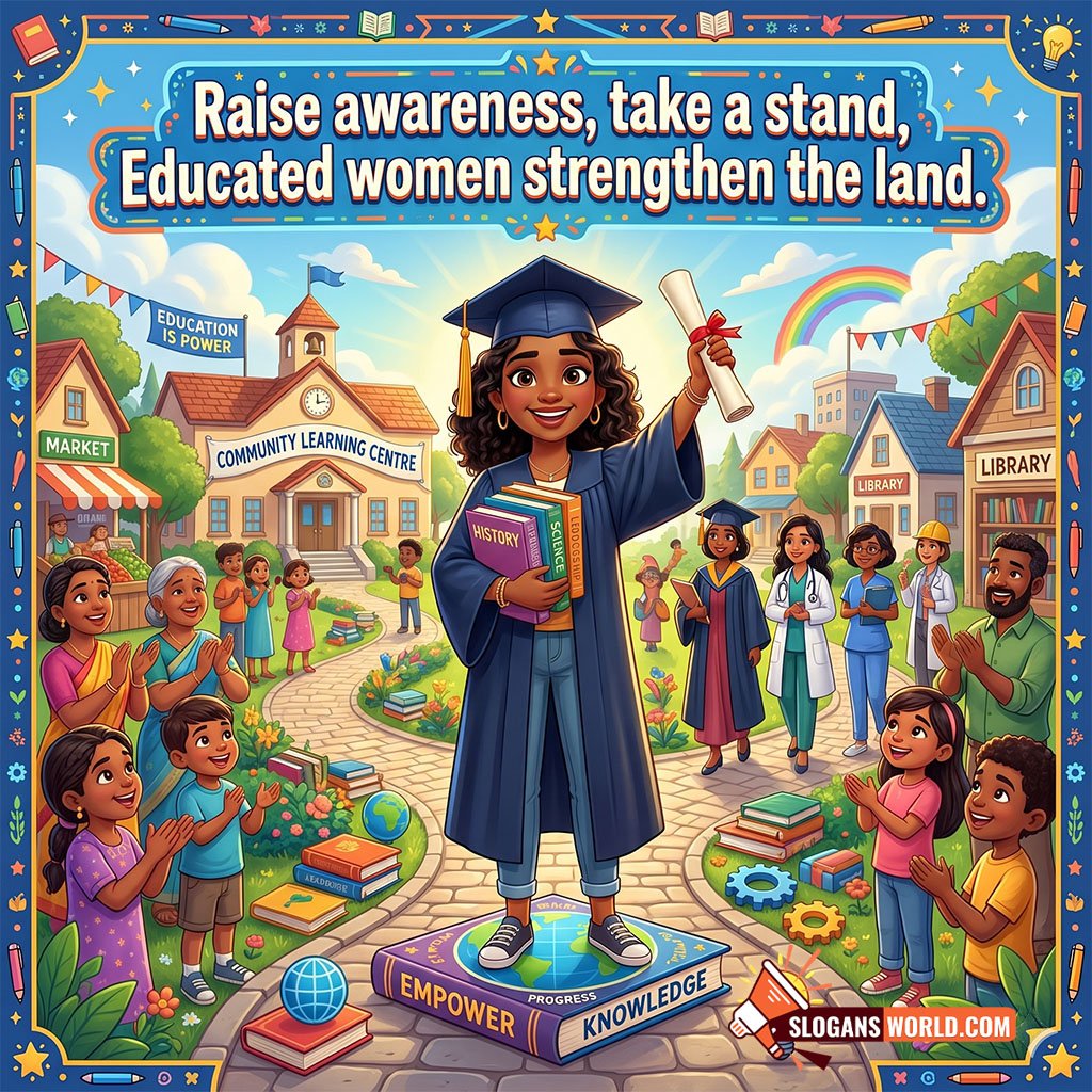 Women’s Education Awareness Campaign Slogan Image featuring a graduate standing proudly in a community surrounded by families, schools, and professionals symbolizing awareness and the positive impact of women’s education.