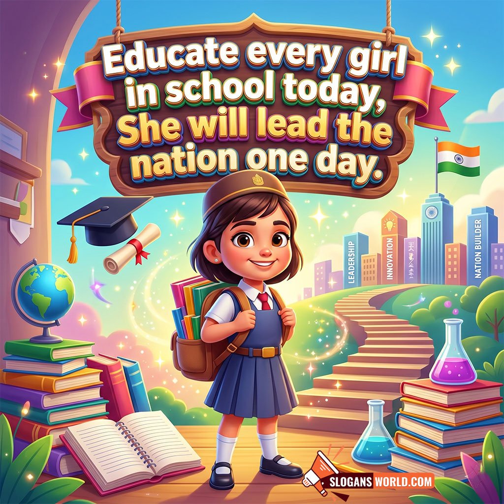 Women’s Education Slogan for Schools and Students Image featuring a schoolgirl with books and educational symbols on a path toward leadership and success symbolizing learning, ambition, and future nation building.