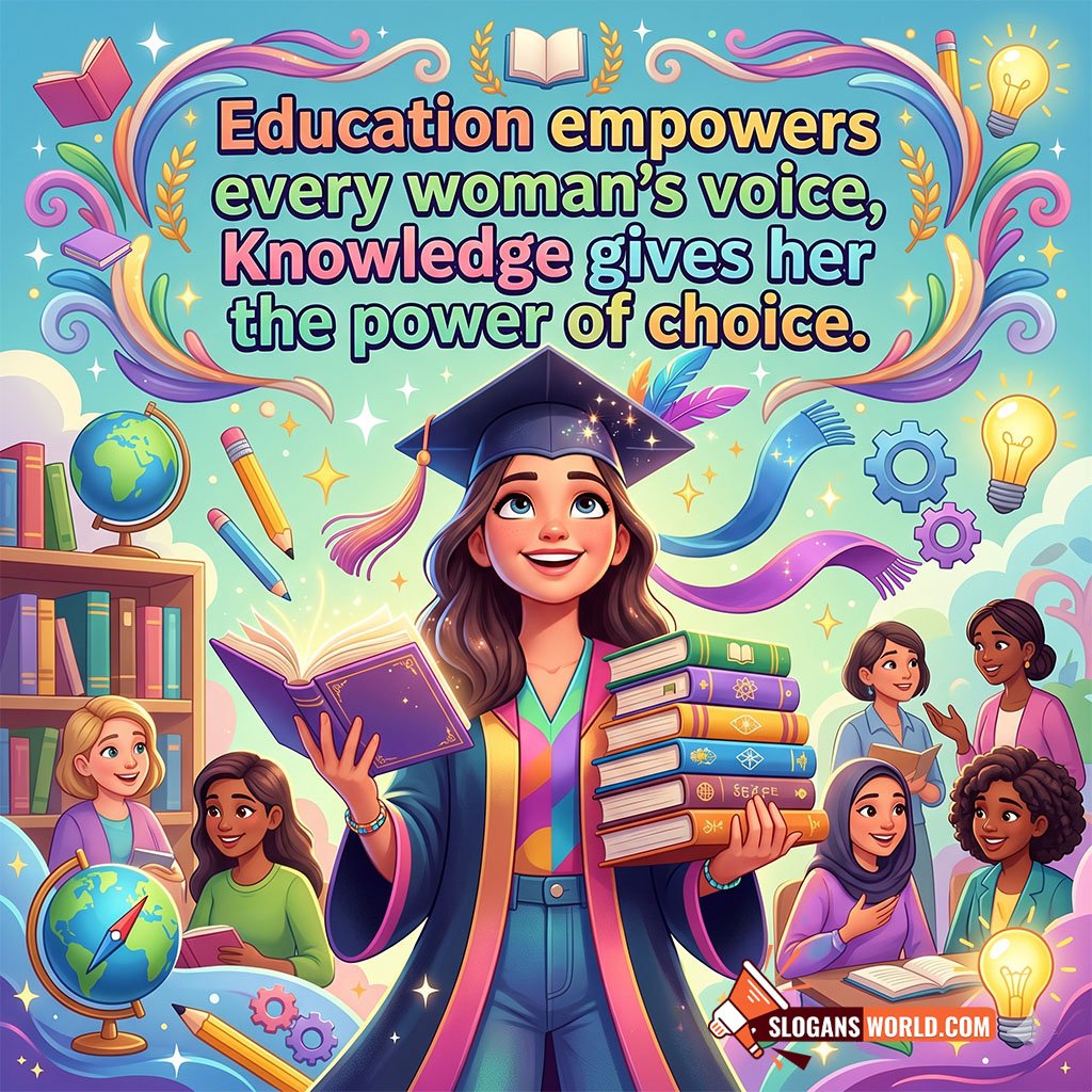 Women’s Education and Empowerment Slogan Image featuring a graduate surrounded by books, learning symbols, and women studying together symbolizing confidence, opportunity, and empowerment through education.