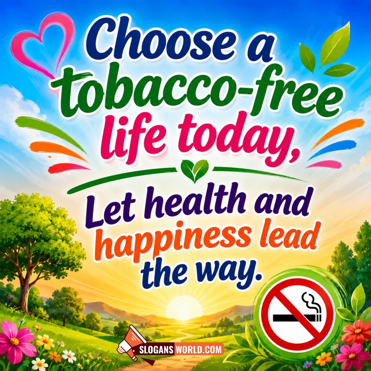 Anti-Smoking and Tobacco-Free Life Slogan Image featuring a no-smoking sign, sunrise landscape, flowers, and greenery symbolizing health, happiness, and freedom from tobacco.