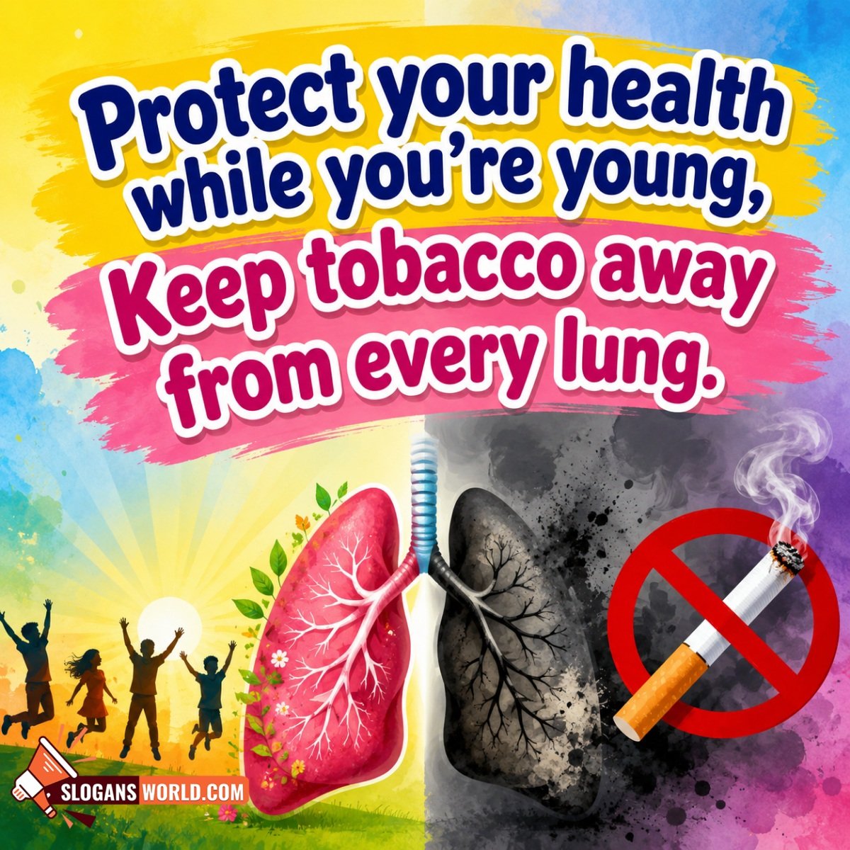 Anti-Tobacco Slogan for Schools and Students Image featuring healthy and damaged lungs side by side with a no-smoking symbol and young people celebrating symbolizing the importance of avoiding tobacco from an early age.