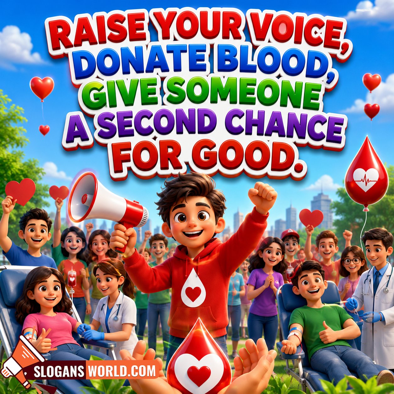  Blood Donation Campaign and Awareness Slogan Image featuring a public awareness rally, volunteers, blood donors, doctors, heart icons and a megaphone symbolizing social participation and saving lives through blood donation.