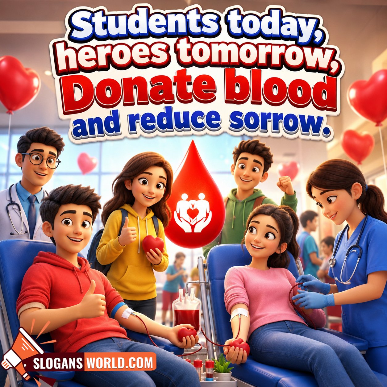 Blood Donation Slogans for Schools and Students Image featuring enthusiastic students, young blood donors, medical professionals and awareness symbols symbolizing youth leadership, responsibility and community service.