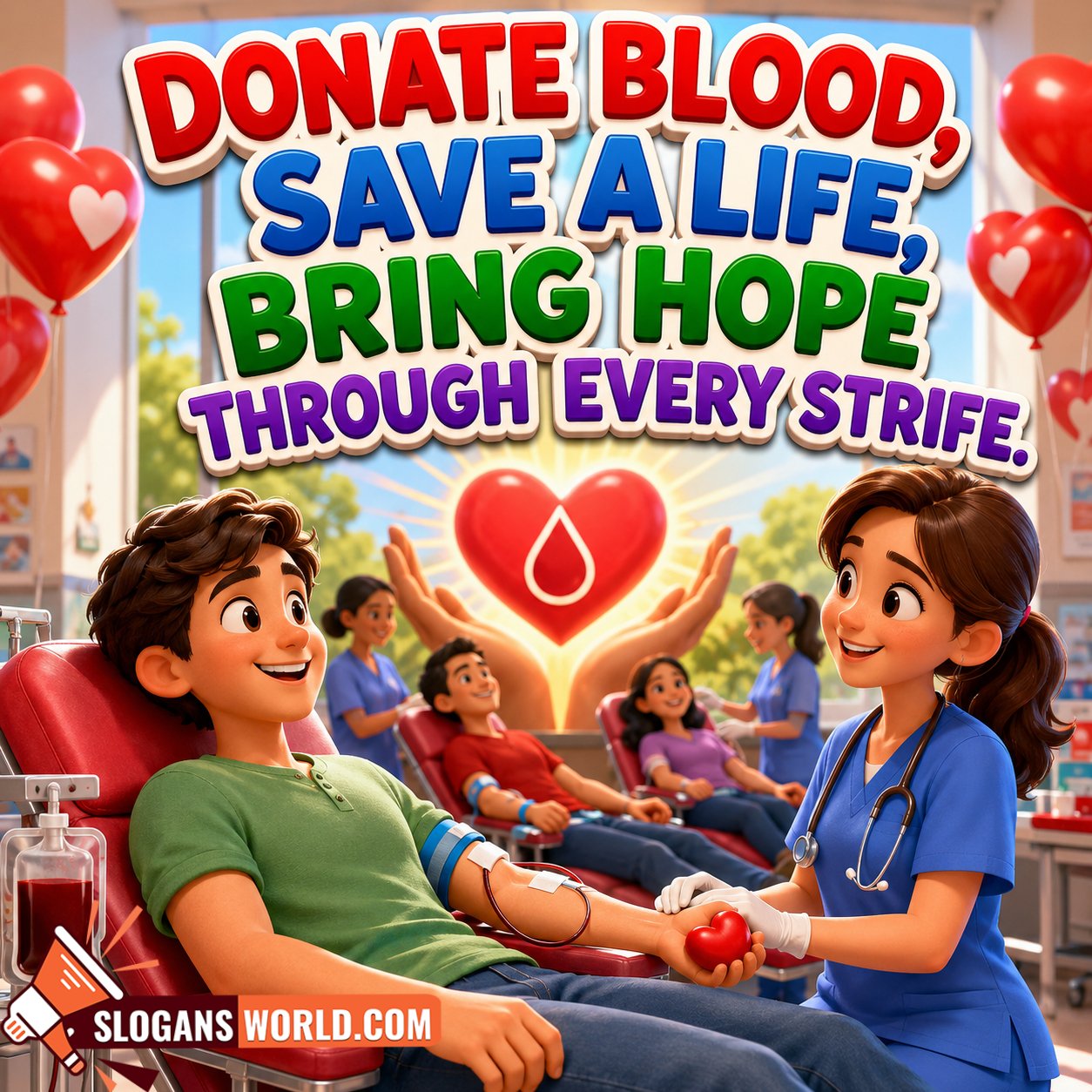  Blood Donation Slogans to Save Lives Image featuring a smiling blood donor, grateful family members, doctors, glowing heart with blood drop and hospital setting symbolizing life-saving generosity and compassion.