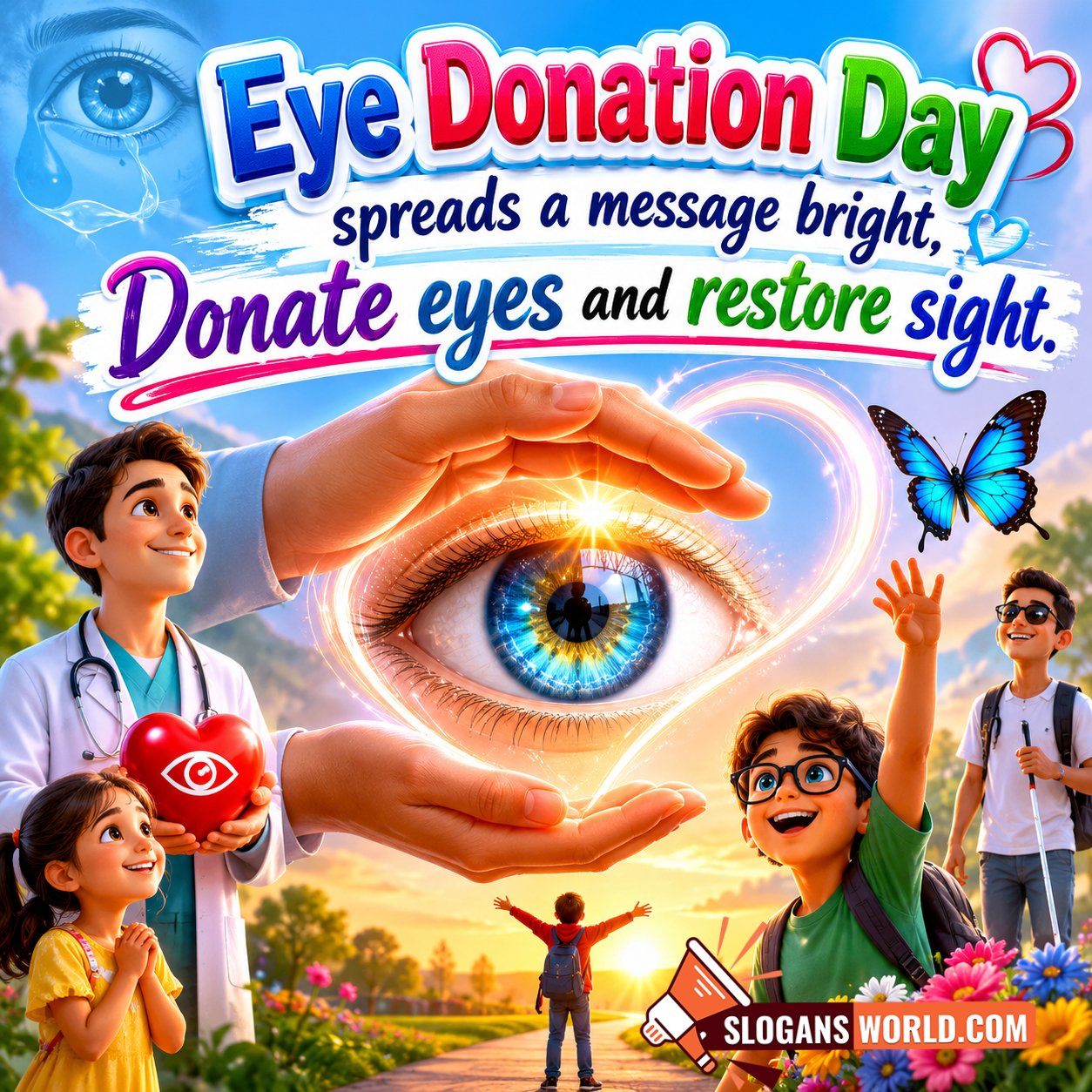 Eye Donation Day awareness slogan image featuring a large glowing eye protected by caring hands, a doctor holding an eye donation symbol, happy children, and a visually impaired person walking independently, symbolizing hope, vision restoration, and eye donation awareness.