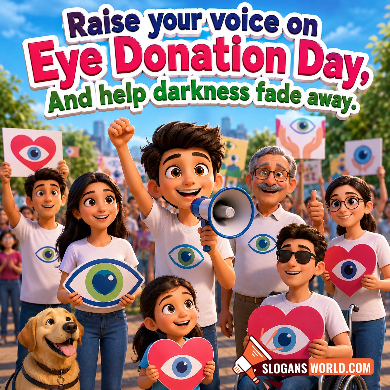 Eye Donation Day campaign and awareness slogan image featuring people raising awareness with eye donation symbols, a child speaking through a megaphone, a visually impaired individual, and community supporters encouraging eye donation to help eliminate preventable blindness.