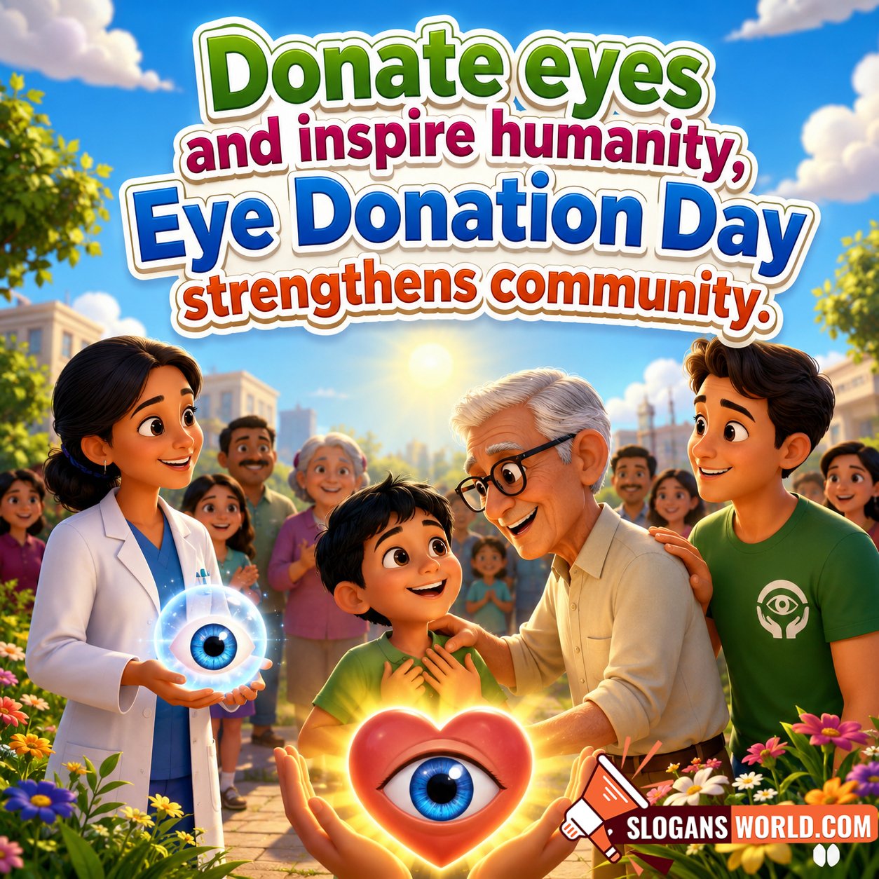 Eye Donation Day community awareness slogan image featuring a doctor, an elderly man, a smiling child, and community members celebrating eye donation, with glowing eye symbols representing compassion, humanity, and the gift of sight.