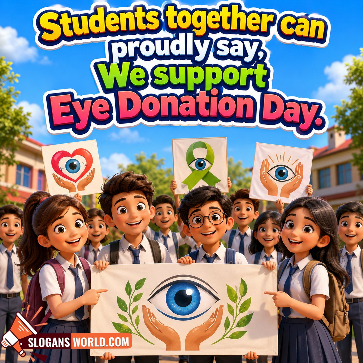 Eye Donation Day slogans for students and schools image featuring cheerful school children holding eye donation awareness banners and posters, promoting organ donation education, community participation, and support for vision restoration.