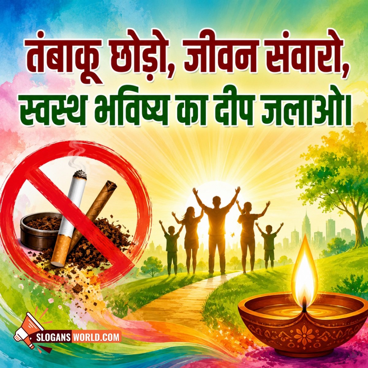 Hindi Anti-Tobacco Slogan Image featuring a no-tobacco symbol, a family standing in a bright landscape, and a glowing lamp symbolizing a healthier future through freedom from tobacco.