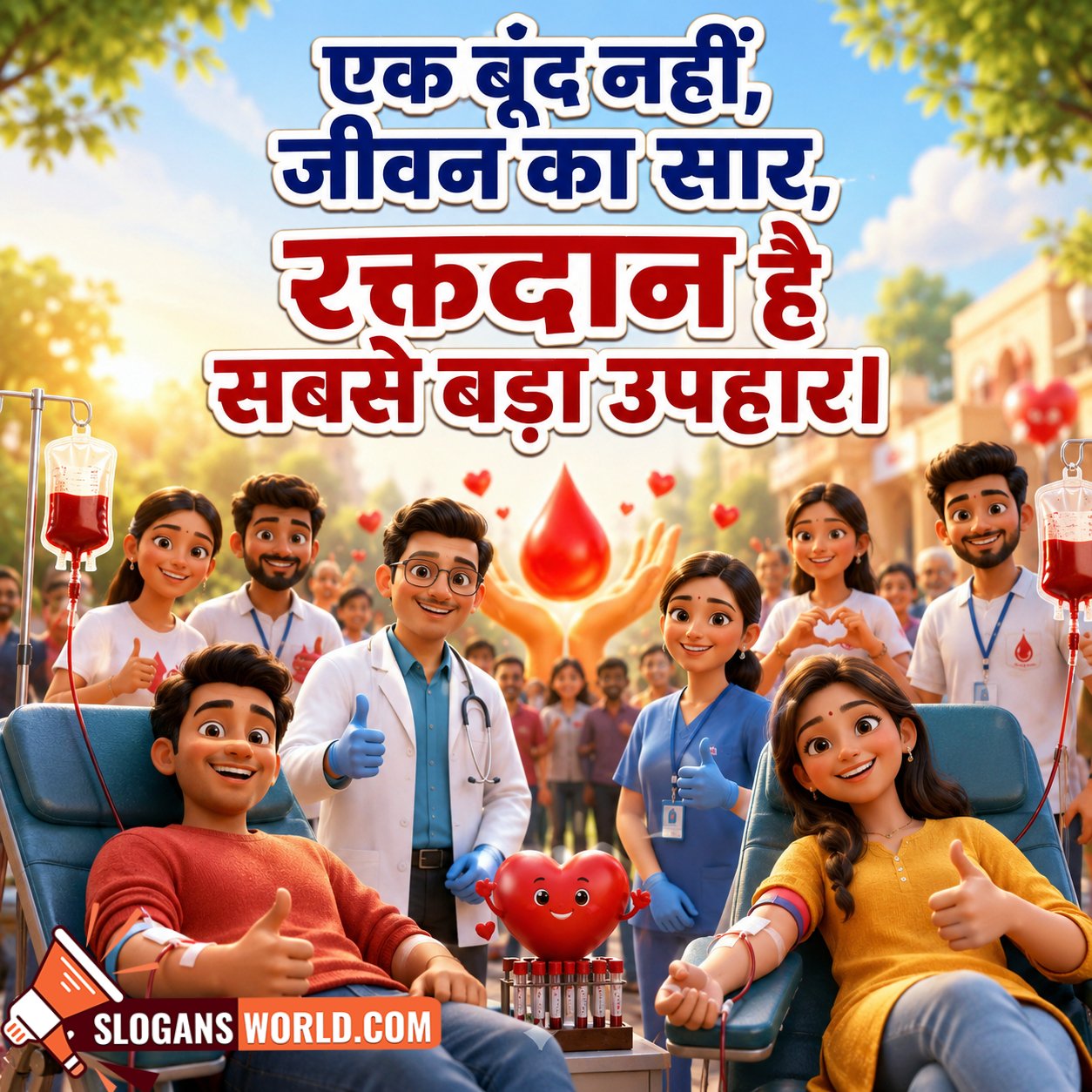 Hindi Blood Donation Slogan Image featuring smiling blood donors, doctors, volunteers, a glowing blood drop and a supportive community symbolizing generosity, humanity and the priceless value of blood donation.