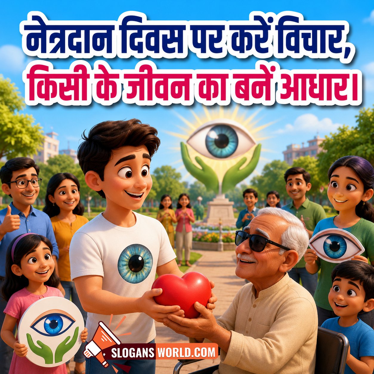Hindi Eye Donation Day Slogan Image featuring a young donor symbolically offering the gift of sight to a visually impaired elderly man surrounded by supportive community members, symbolizing eye donation awareness, kindness, and vision restoration.
