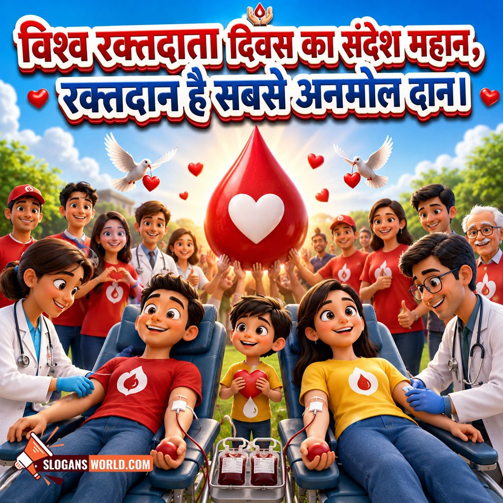 Hindi World Blood Donor Day Slogan Image featuring blood donors, doctors, volunteers, a giant blood drop and a supportive gathering symbolizing selfless service, humanity and the priceless gift of blood donation.