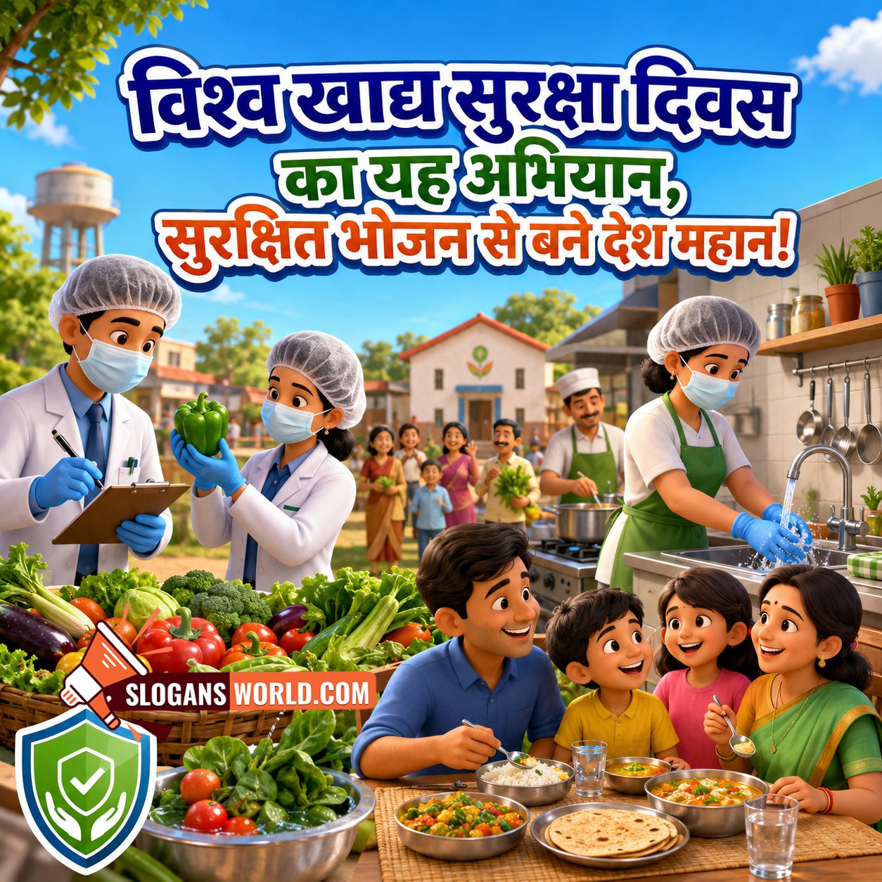 Hindi World Food Safety Day Slogan Image featuring food inspectors, hygienic food preparation, fresh vegetables, and a family enjoying a healthy meal symbolizing safe food practices and national well-being.