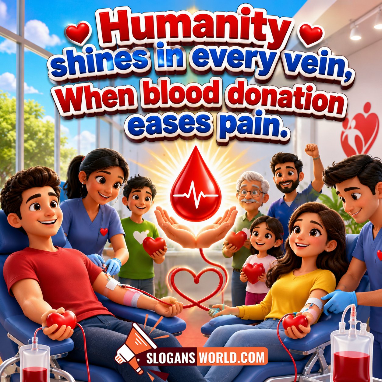 Inspirational Blood Donation Slogans for Humanity Image featuring blood donors, healthcare workers, caring families, heart symbols and a glowing blood drop symbolizing humanity, unity and selfless service.
