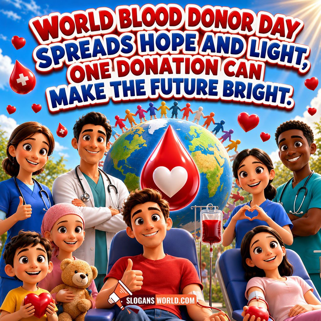 Life-Saving World Blood Donor Day Slogan Image featuring blood donors, caring healthcare professionals, children, a globe with a giant blood drop and hearts symbolizing hope, unity and the power of saving lives.