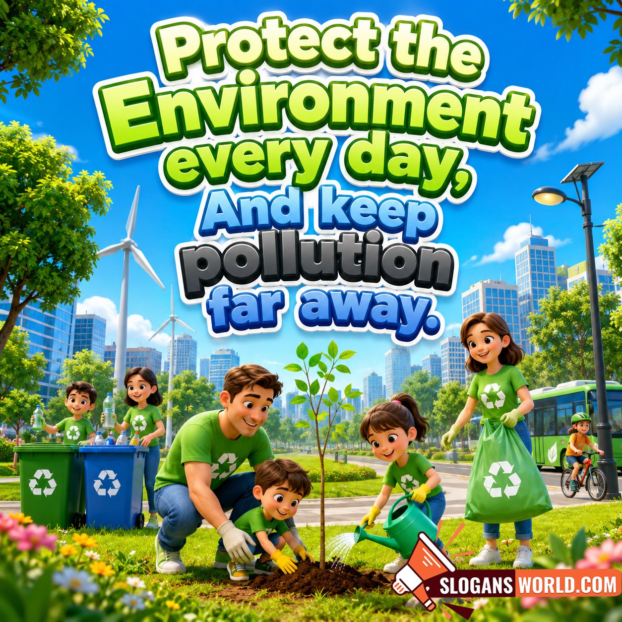 Protect the Environment Every Day slogan image featuring a family planting a young tree, recycling bins, children watering plants, wind turbines, eco-friendly transportation, and a modern green city promoting environmental protection and pollution reduction.