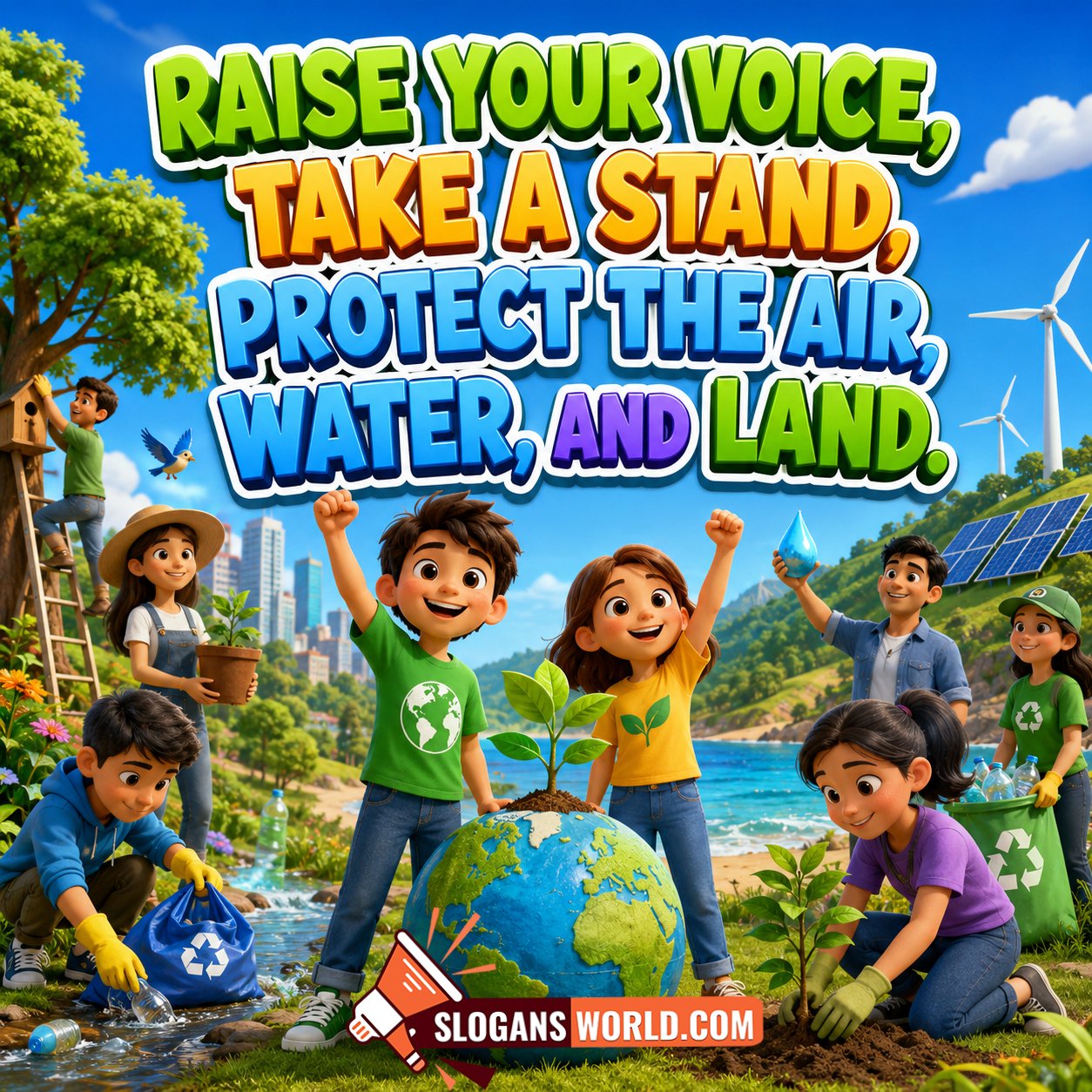 Raise Your Voice Protect the Air Water and Land slogan image featuring children cleaning rivers, planting trees, recycling waste, holding environmental symbols, solar panels, wind turbines, and a globe encouraging environmental responsibility and conservation efforts.