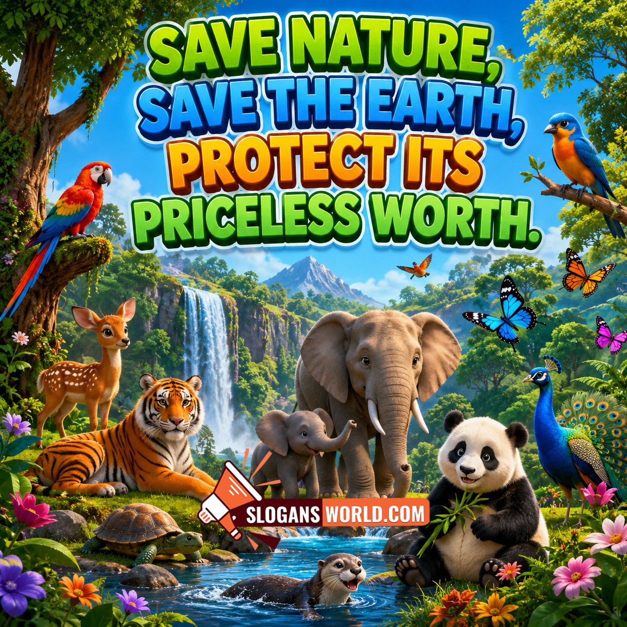 Save Nature Save the Earth slogan image featuring elephants, pandas, tigers, deer, peacocks, parrots, butterflies, a waterfall, lush forests, and protected wildlife habitats promoting biodiversity conservation and environmental awareness.