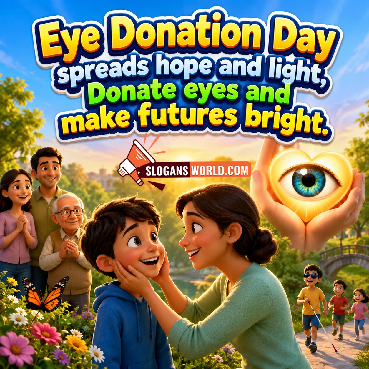 Eye Donation Day slogan image featuring a mother joyfully holding a young boy’s face, a supportive family in the background, children with visual impairment walking confidently, and a glowing eye symbol in caring hands, promoting eye donation awareness and restoring sight.
