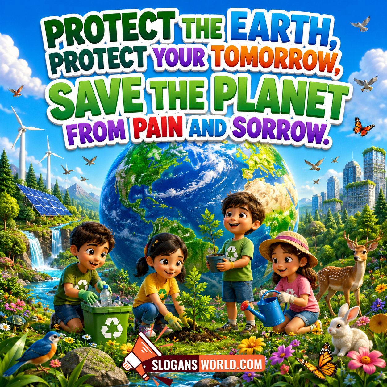 Protect the Earth Save the Planet slogan image featuring children planting trees, recycling waste, watering plants, a large globe, solar panels, wind turbines, wildlife, and a green eco-friendly environment promoting environmental conservation and sustainability.