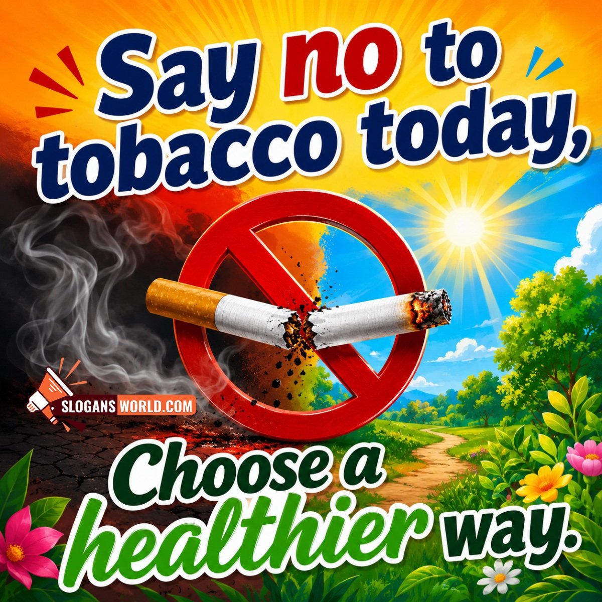 Short and Catchy Anti-Tobacco Slogan Image featuring a broken cigarette inside a prohibition symbol with a contrast between polluted and healthy landscapes symbolizing the choice of a healthier life.