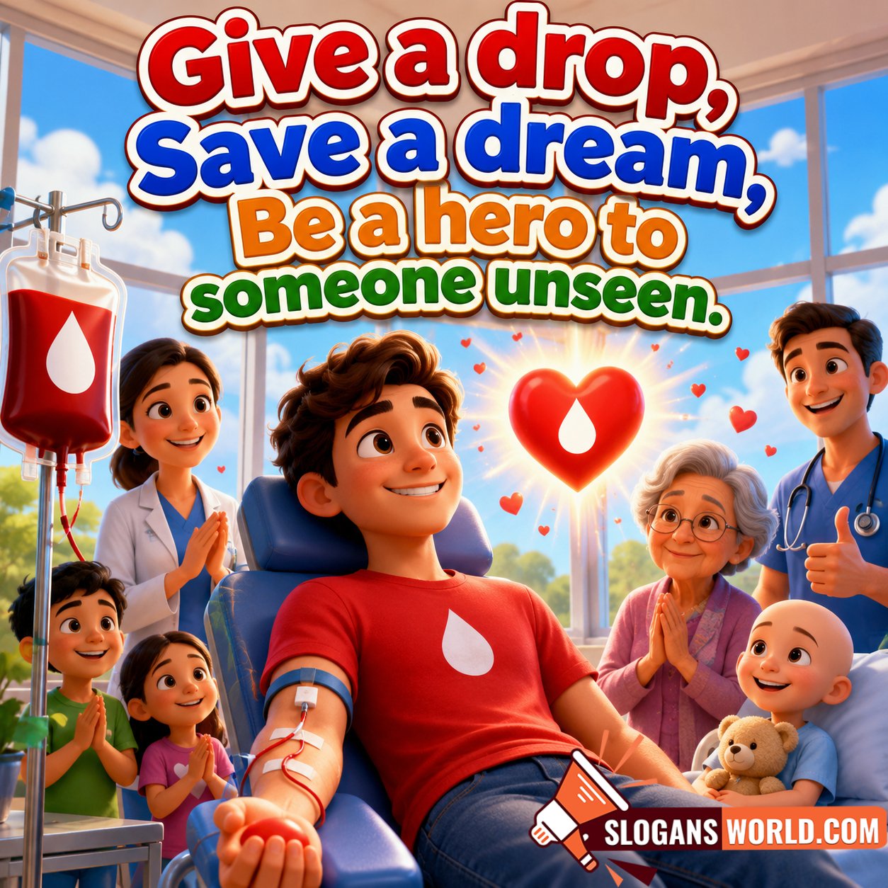 Short and Catchy Blood Donation Slogan Image featuring a cheerful blood donor, caring medical staff, blood donation chairs, heart symbol and life-saving atmosphere symbolizing hope, kindness and the gift of life.