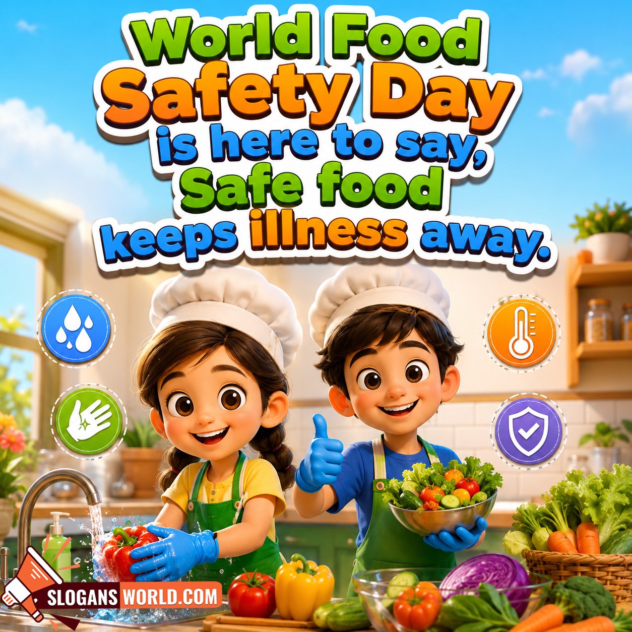Short and Catchy World Food Safety Day Slogan Image featuring children washing vegetables, wearing food preparation gloves, and displaying food safety symbols symbolizing clean food habits and disease prevention.