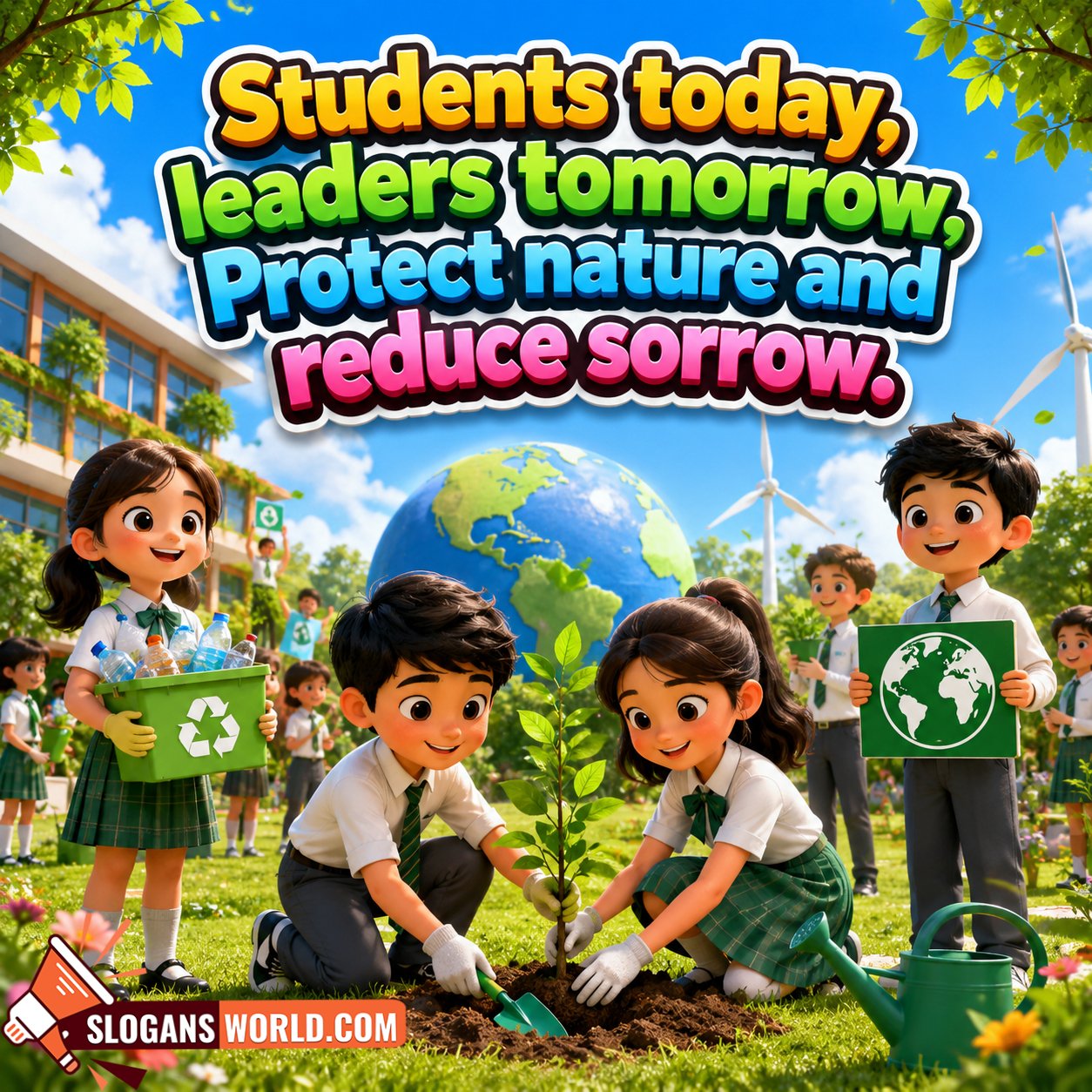 Students Today Leaders Tomorrow slogan image featuring school children planting a tree, recycling plastic waste, holding environmental awareness signs, a globe, wind turbines, and a green school campus promoting sustainability education and nature conservation.