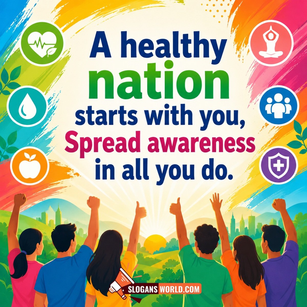 Tobacco Awareness Campaign Slogan Image featuring people raising their hands with health and wellness symbols around them symbolizing community action and tobacco awareness.