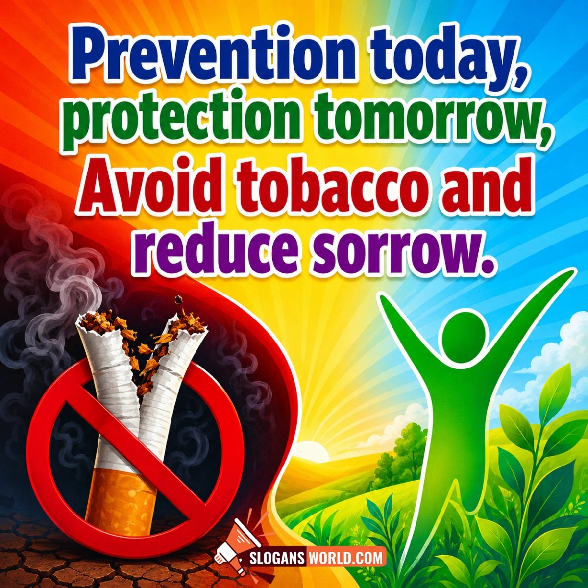Tobacco Awareness and Prevention Slogan Image featuring a no-smoking symbol, broken cigarettes, and a healthy green environment symbolizing prevention, protection, and a tobacco-free future.