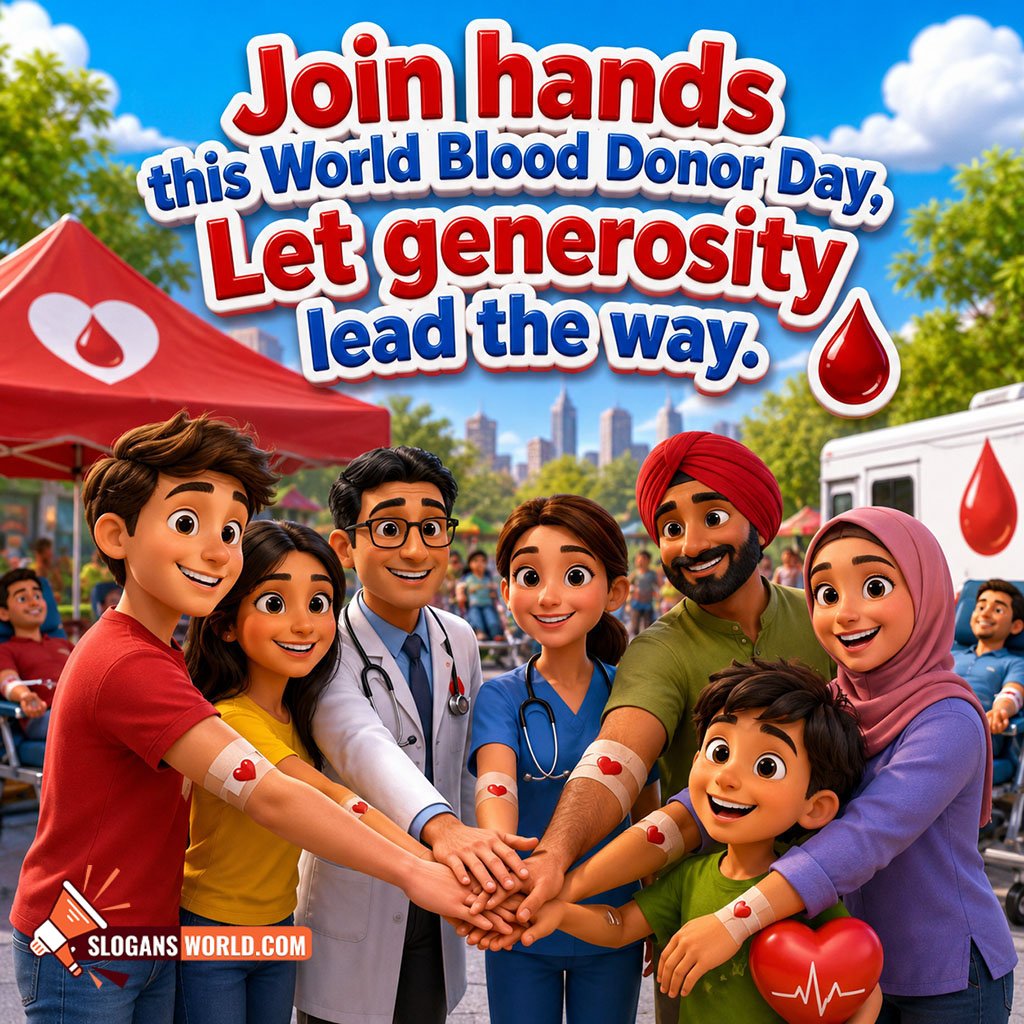 World Blood Donor Day Campaign and Awareness Slogan Image featuring volunteers, doctors, families and community members joining hands at a blood donation camp symbolizing teamwork, generosity and public awareness.