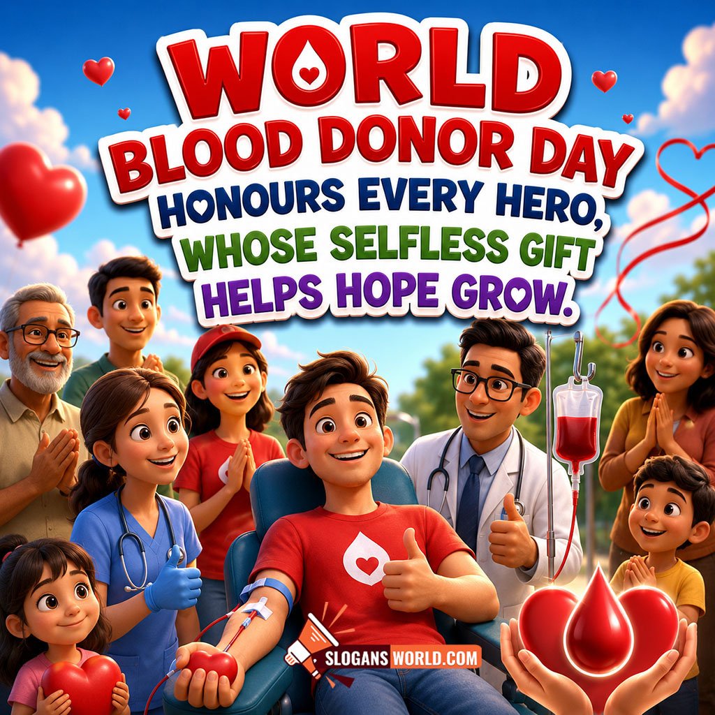 World Blood Donor Day Slogans for Heroes and Humanity Image featuring a cheerful blood donor, doctors, grateful families and symbolic blood drops with hearts representing courage, humanity and selfless giving.