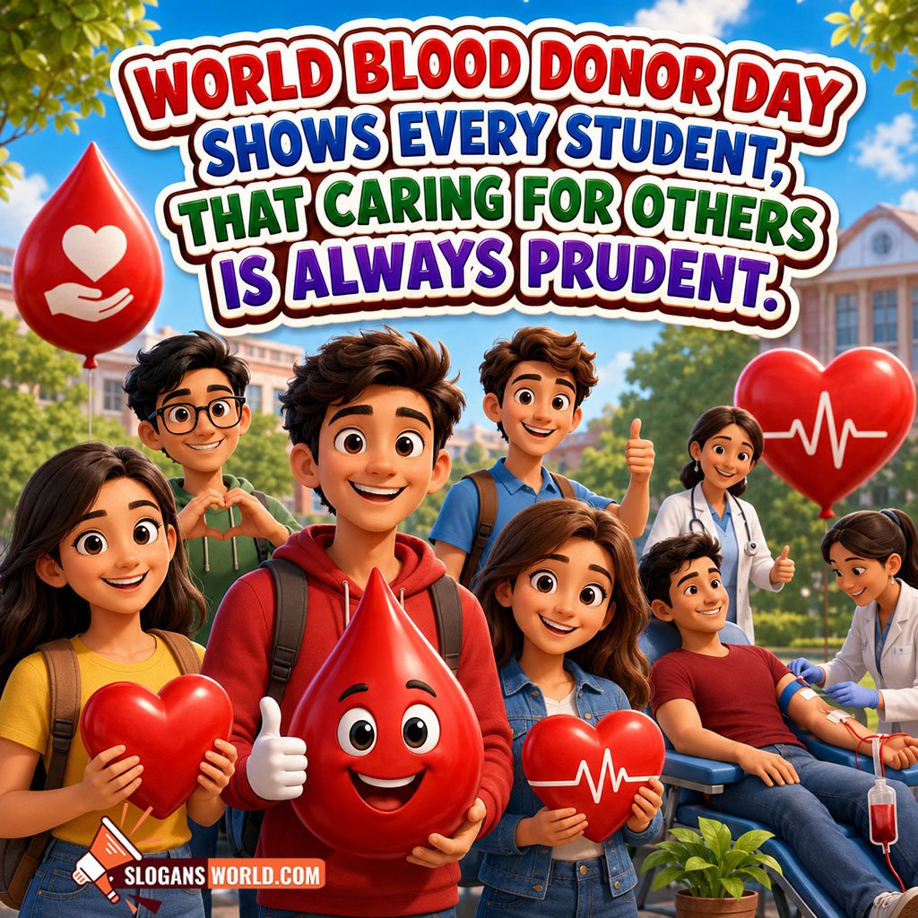 World Blood Donor Day Slogans for Schools and Youth Awareness Image featuring smiling students, awareness symbols, friendly blood drop mascot and blood donation support scene symbolizing compassion, responsibility and future lifesavers.