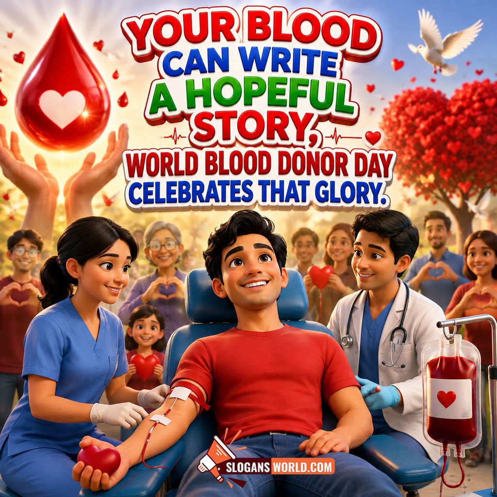 World Blood Donor Day Slogans to Inspire Blood Donation Image featuring a smiling blood donor, doctors, a glowing blood drop, supportive community and heart shaped decorations symbolizing generosity, hope and life saving kindness.