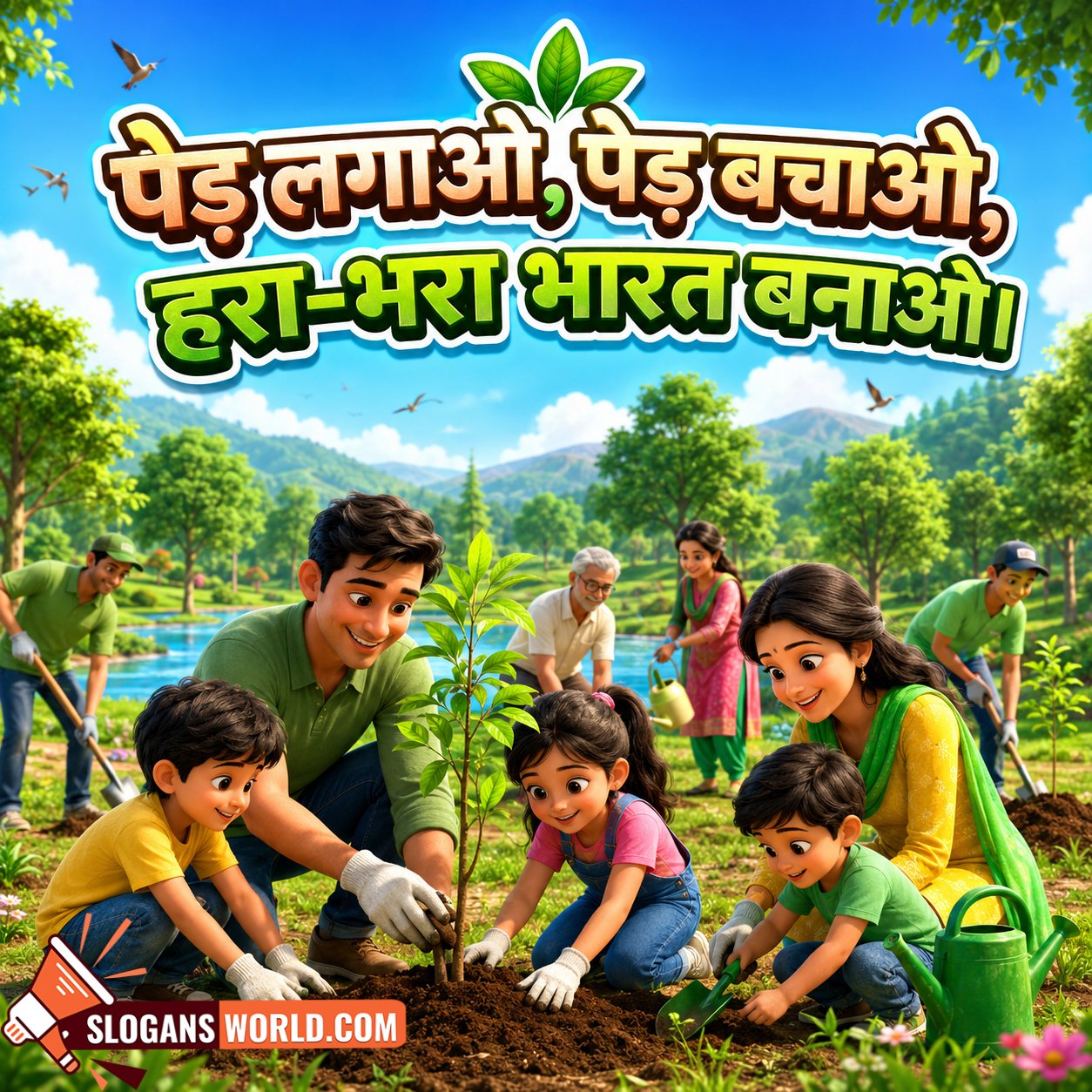 World Environment Day Hindi Slogan Image featuring families, children, and volunteers planting a young tree in a lush green landscape, promoting tree plantation, environmental conservation, community participation, and a greener future for India.