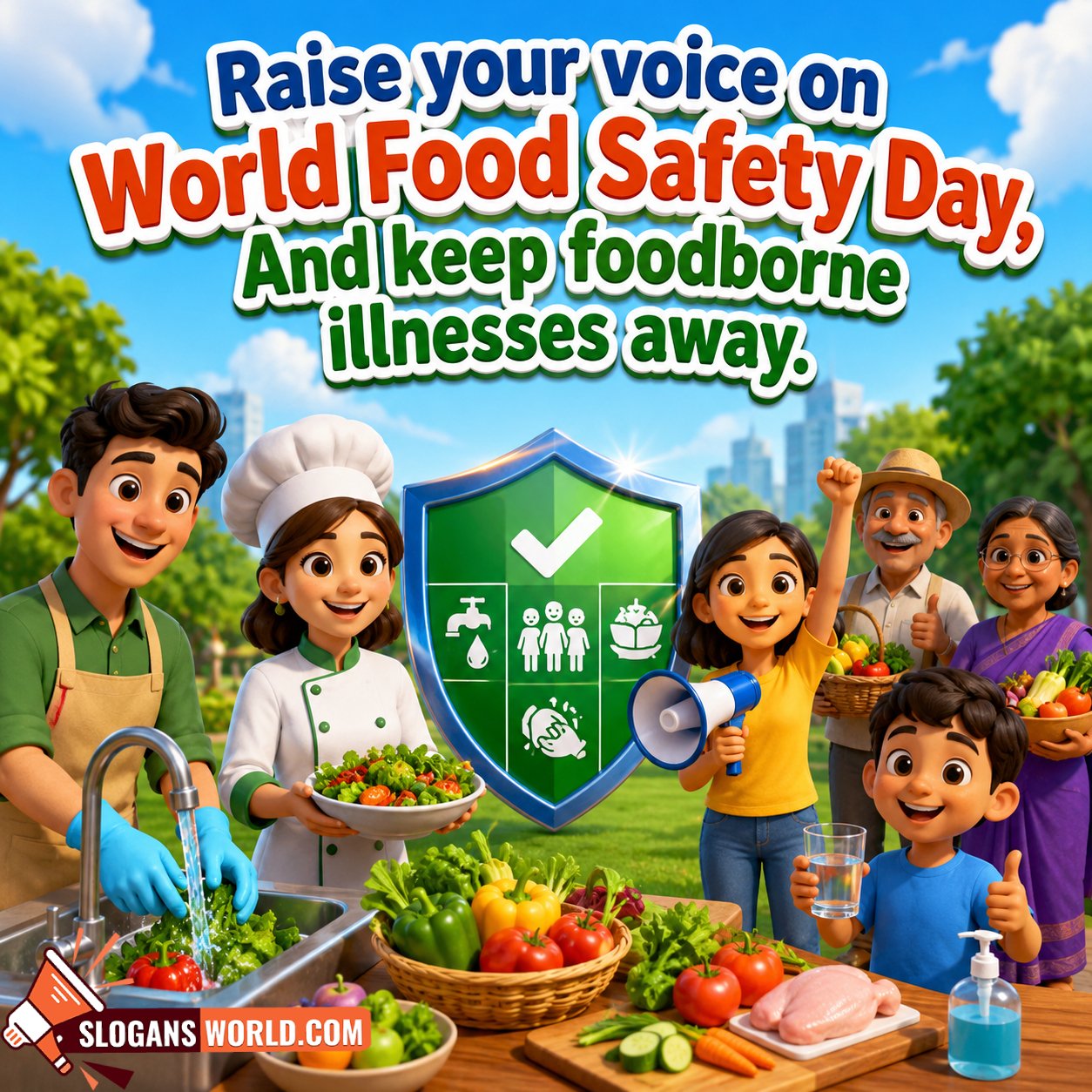 World Food Safety Day Awareness Campaign Slogan Image featuring families, food handlers, fresh produce, and a food safety shield symbolizing community awareness and protection from foodborne illnesses.