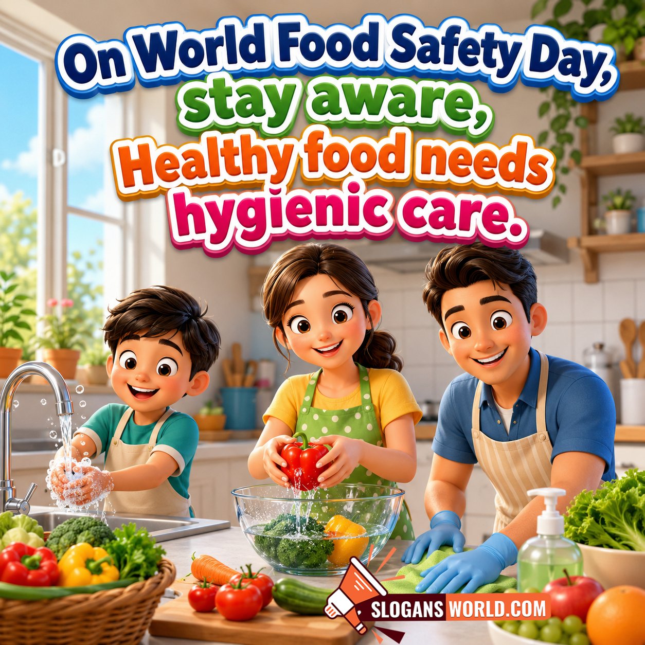 World Food Safety Day Food Hygiene Awareness Slogan Image featuring a family cleaning vegetables, washing hands, and preparing fresh produce in a hygienic kitchen symbolizing safe food handling and health protection.