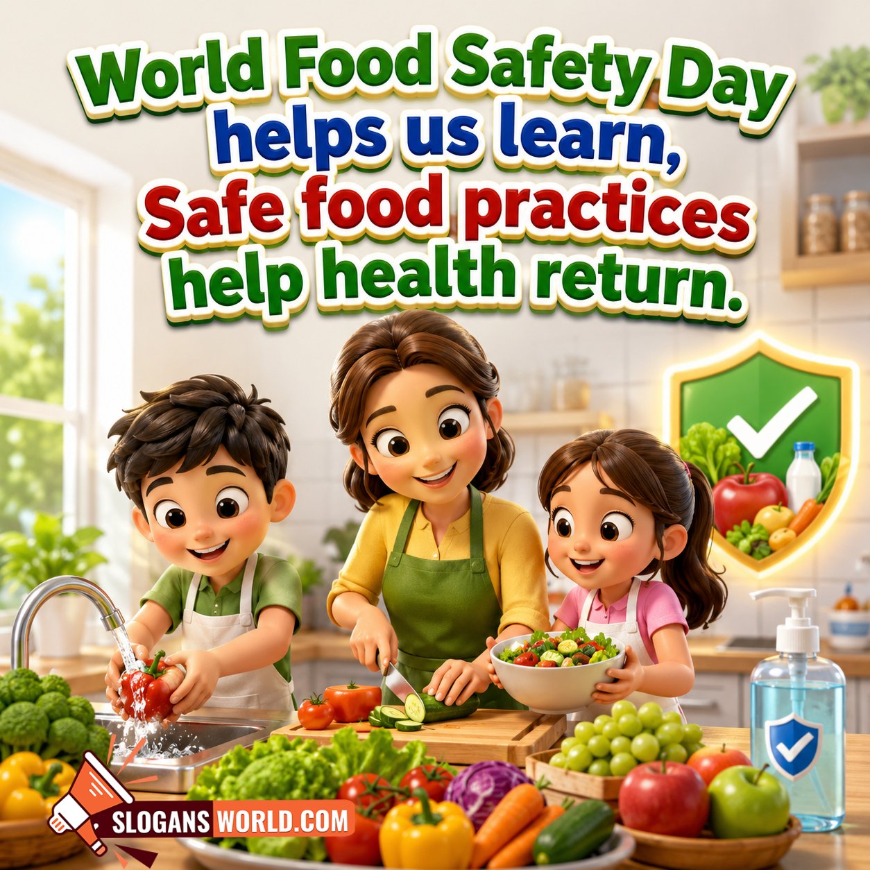 World Food Safety Day Learning and Safe Food Practices Slogan Image featuring a family washing vegetables, preparing fresh food, and following hygiene measures in a clean kitchen symbolizing healthy eating and food safety awareness.