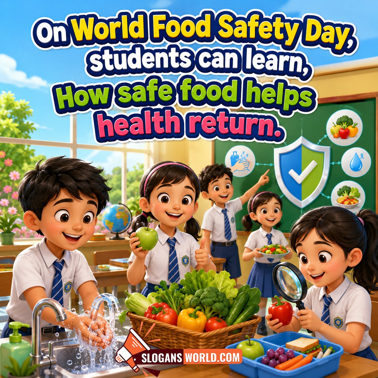 World Food Safety Day Slogan for Schools and Students Image featuring school children learning food safety practices, washing hands, inspecting fresh vegetables, and promoting healthy eating symbolizing education and food safety awareness.